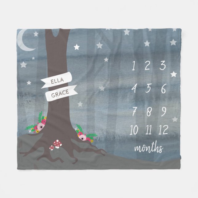 Woodland Night Floral Baby Milestone Fleece Blanket (Front (Horizontal))