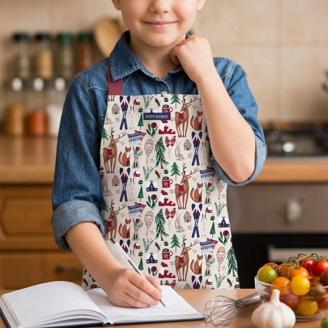 Woodland nordic Christmas all-over print  Apron (Kids Winter Woodland Animals Christmas Cooking Apron)