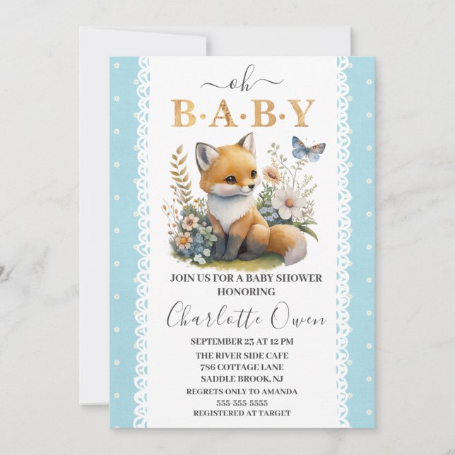 Woodland Oh Baby Fox Spring Boy Baby Shower Invitation (Front)