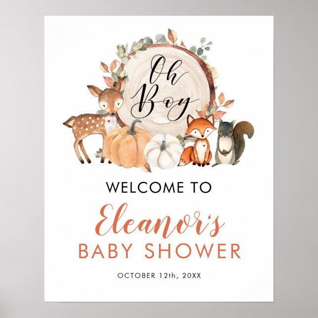 Woodland Oh Boy Pumpkin Baby Shower Welcome Sign (Front)