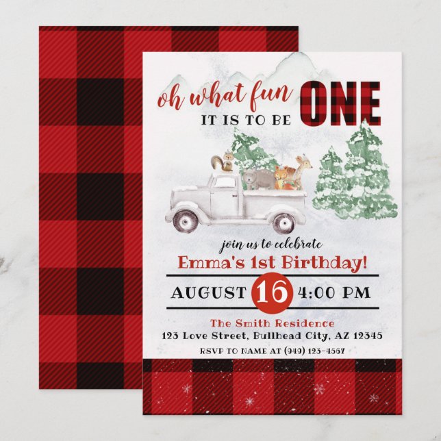 Woodland Oh what Fun it is to be ONE 1st Birthday Invitation (Front/Back)