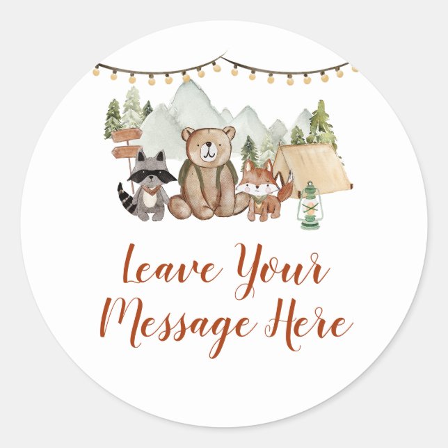 Woodland One Happy Camper Birthday Your Message Classic Round Sticker (Front)