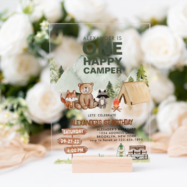 Woodland One Happy Camper Camping Kids Birthday Acrylic Invitations (Creator Uploaded)