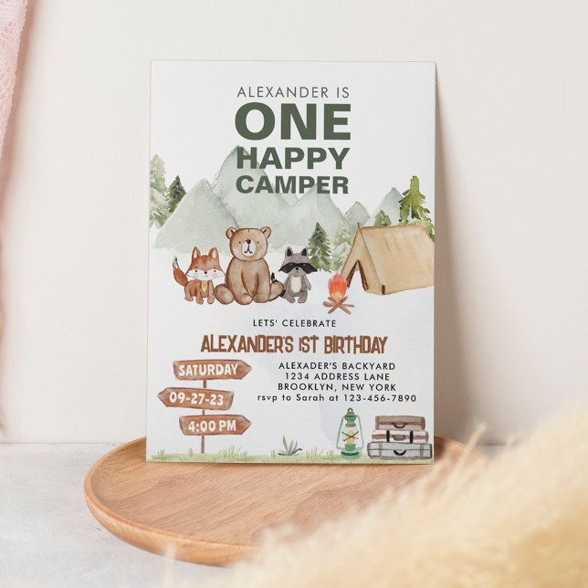 Woodland One Happy Camper Camping Kids Birthday Invitation (Creator Uploaded)