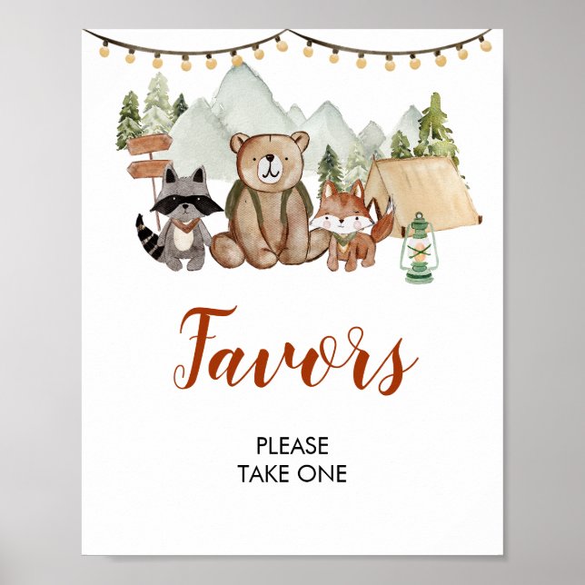 Woodland One Happy Camper First Birthday Favours Poster (Front)