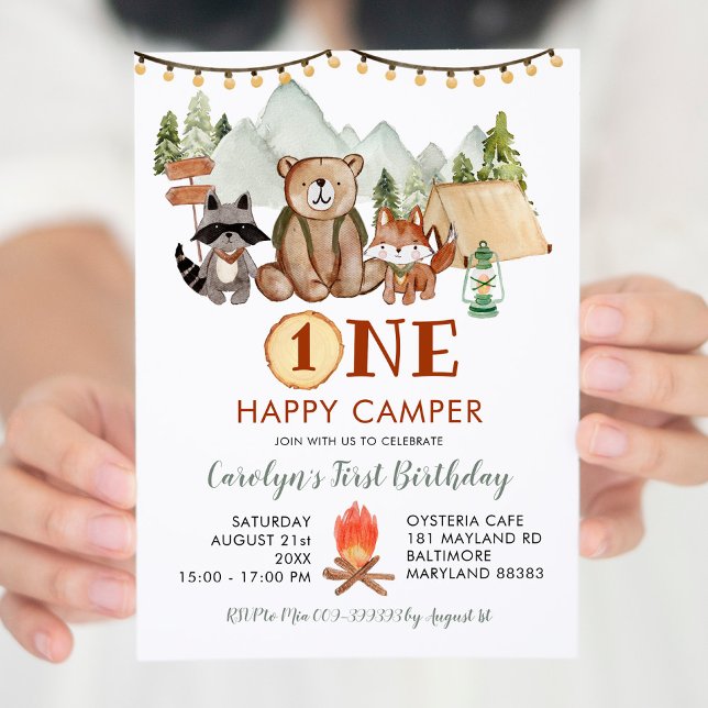 Woodland One Happy Camper First Birthday Invite (Creator Uploaded)