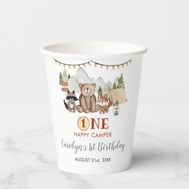 Woodland One Happy Camper First Birthday Paper Cups (Front)