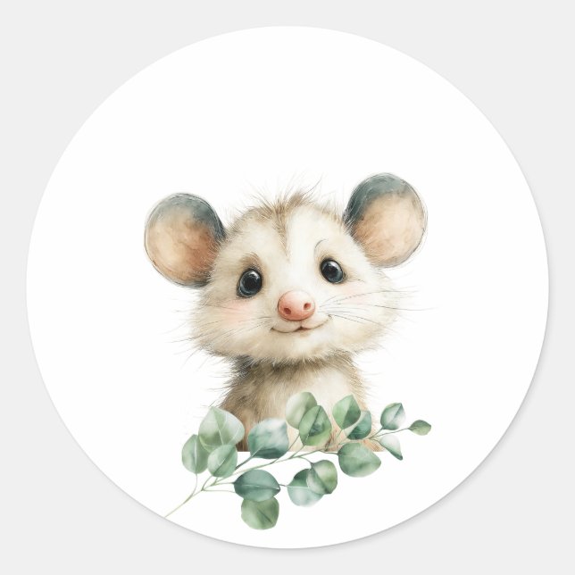 Woodland Opossum Baby Shower • Neutral Classic Round Sticker (Front)