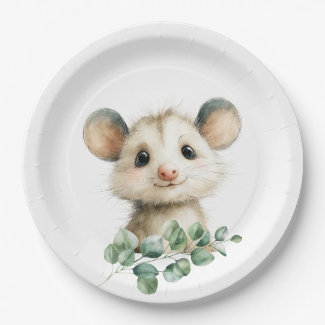 Woodland Opossum Baby Shower • Neutral Paper Plate (Front)