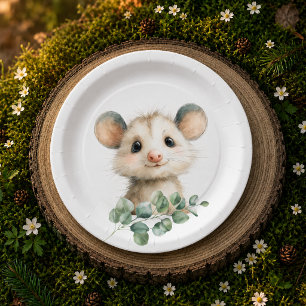 Woodland Opossum Baby Shower • Neutral Paper Plate
