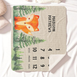 Woodland Orange Fox Forest Green Baby Milestone Sherpa Blanket