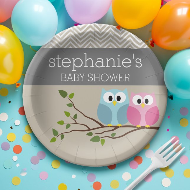 Woodland Owl Baby Girl Boy Gender Reveal Shower Paper Plate (Personalized Baby Shower Plates - Cute Woodland Owl)