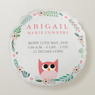 Woodland Owl Birth Stats Round Nursery Pillow