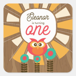 Woodland Owl First Birthday Invitation – One Year Square Sticker