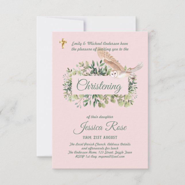 Woodland Owl Girls Christening Invites Baptism  (Front)