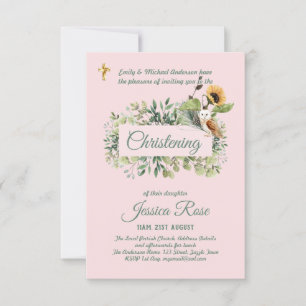Woodland Owl Girls Christening Invites Baptism 