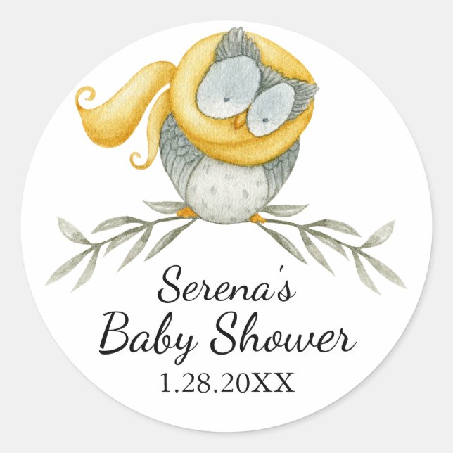 Woodland Owl in Yellow Scarf Baby Shower Classic Round Sticker (Front)