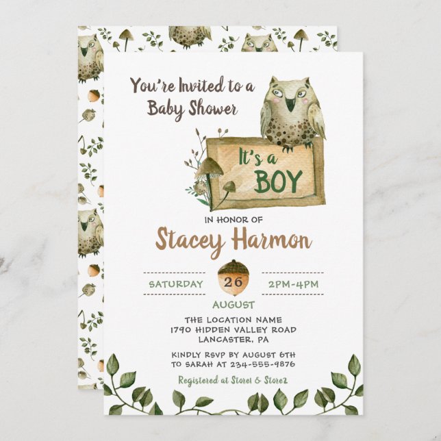 Woodland Owl It's A Boy Baby Shower Invitation (Front/Back)