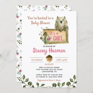 Woodland Owl It's A Girl Baby Shower Invitation
