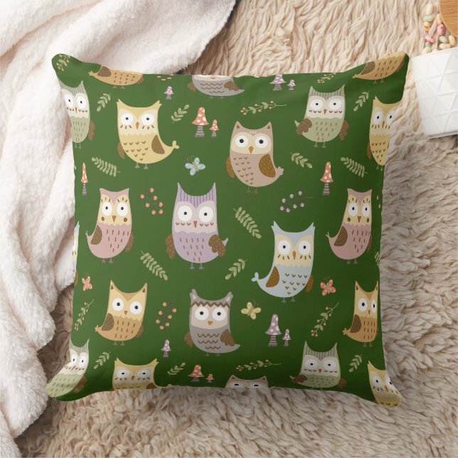 Woodland Owl Pattern, Green Cushion (Blanket)