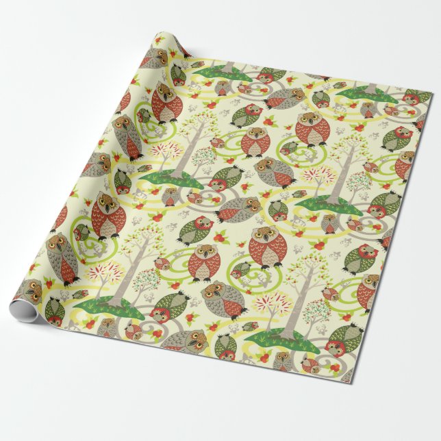 Woodland Owl pattern wrapping paper (Unrolled)