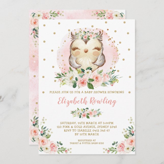 Woodland Owl Pink Gold Floral Girl Baby Shower Invitation (Front/Back)