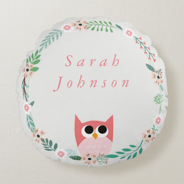 Woodland Owl Round Nursery Pillow (Front)