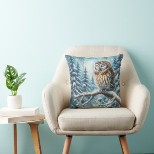 Woodland Owl Serene Winter Forest Wildlife Cushion
