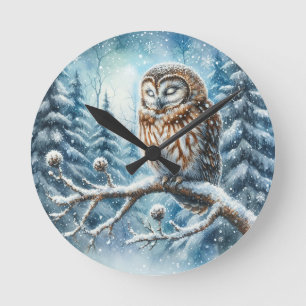 Woodland Owl Serene Winter Forest Wildlife Round Clock