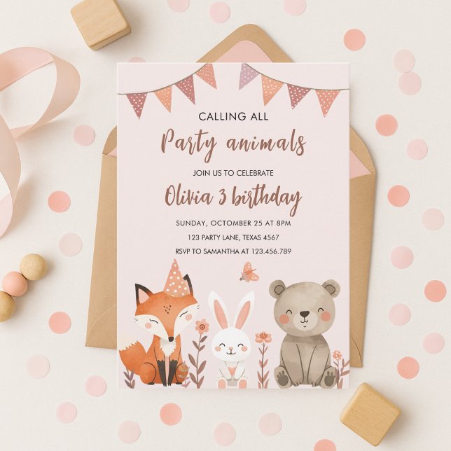 Woodland Party Animals Birthday Forest Animal Girl Invitation (Creator Uploaded)
