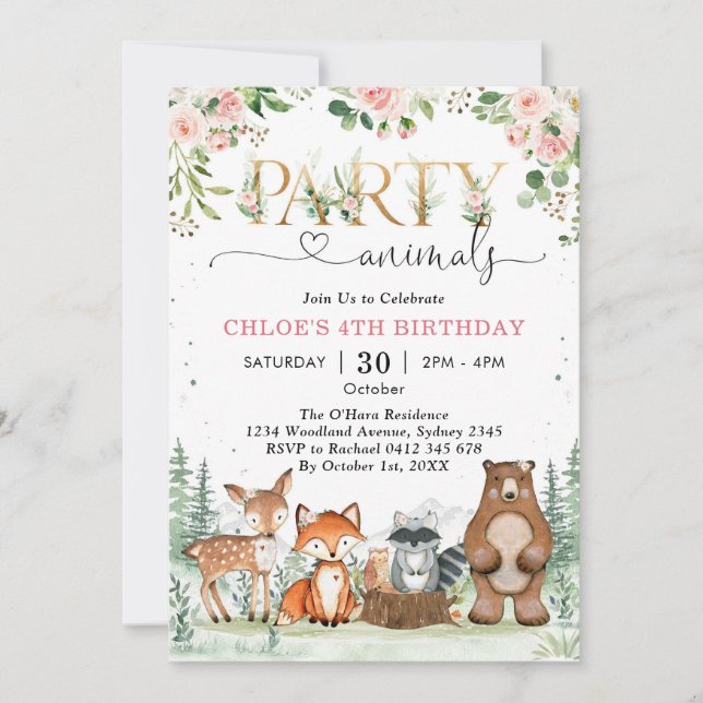 Woodland Party Animals Girl Birthday Invitation (Front)