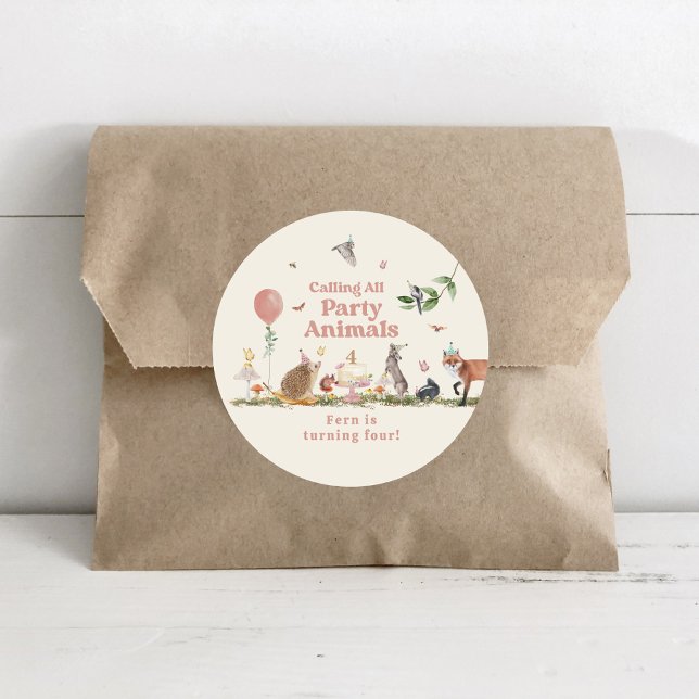 Woodland Party Animals Pink Birthday Party Classic Round Sticker (Creator Uploaded)