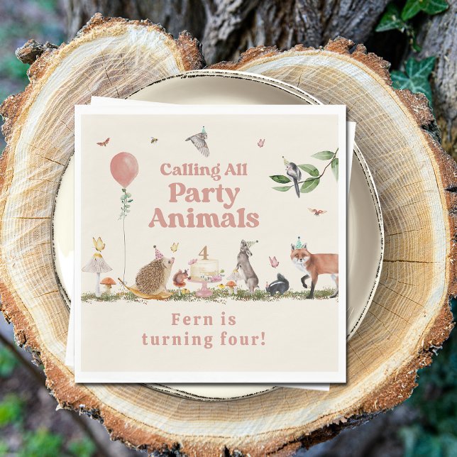 Woodland Party Animals Pink Birthday Party Napkin (Creator Uploaded)