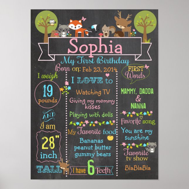 Woodland Party first birthday girl sign poster (Front)