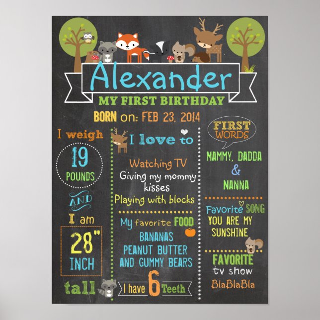 Woodland Party first birthday sign poster (Front)