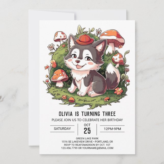 Woodland Pastel Digital Wolf Birthday Invitation (Front)