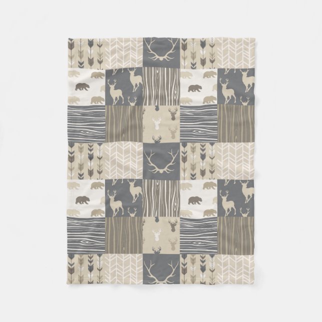 Woodland Patchwork Blanket in Tan and Grey (Front)