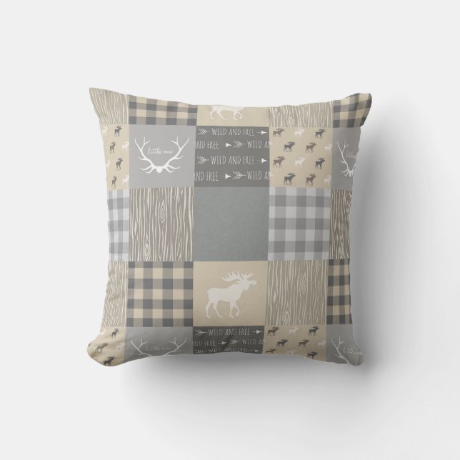 Woodland Patchwork Moose - Grey/Tan Cushion (Front)