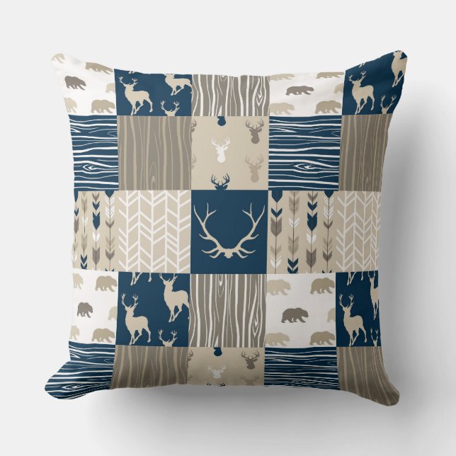 Woodland Patchwork Pillow - Navy and Tan (Front)