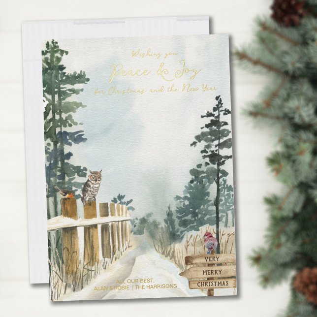 Woodland Path Peace and Joy Country Christmas Gold Foil Holiday Card (Creator Uploaded)