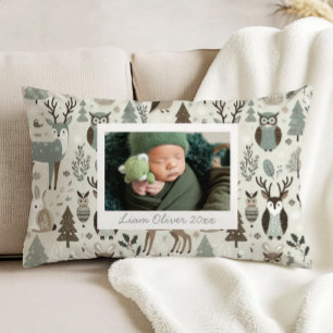 Woodland Pattern Green Brown Custom Photo Nursery Decorative Cushion