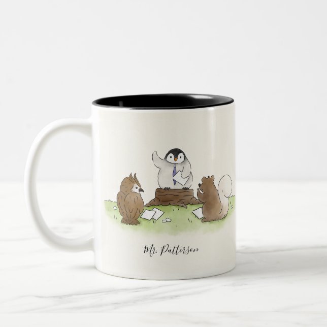Woodland Penguin Teacher School Personalised Name Two-Tone Coffee Mug (Left)
