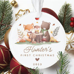 Woodland Photo Baby's First Christmas Ornament<br><div class="desc">This cute baby's first Christmas ornament features woodland animals, including a fox, bunny rabbit, owl, and bear. The ornament can be easily personalised with the baby's name, date, and photo. The design is simple and whimsical, with the woodland animals arranged around a tree log. The ornament is perfect for celebrating...</div>