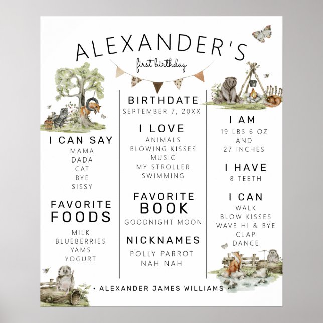 Woodland Picnic | Forest 1st Birthday Milestone Poster (Front)