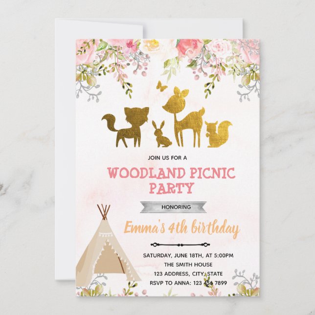 Woodland picnic party invitation (Front)