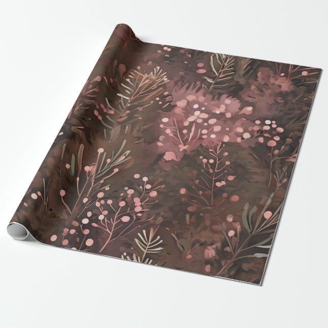 Woodland Pine & Berries Earthy Hues Soft Pinks  Wrapping Paper (Unrolled)