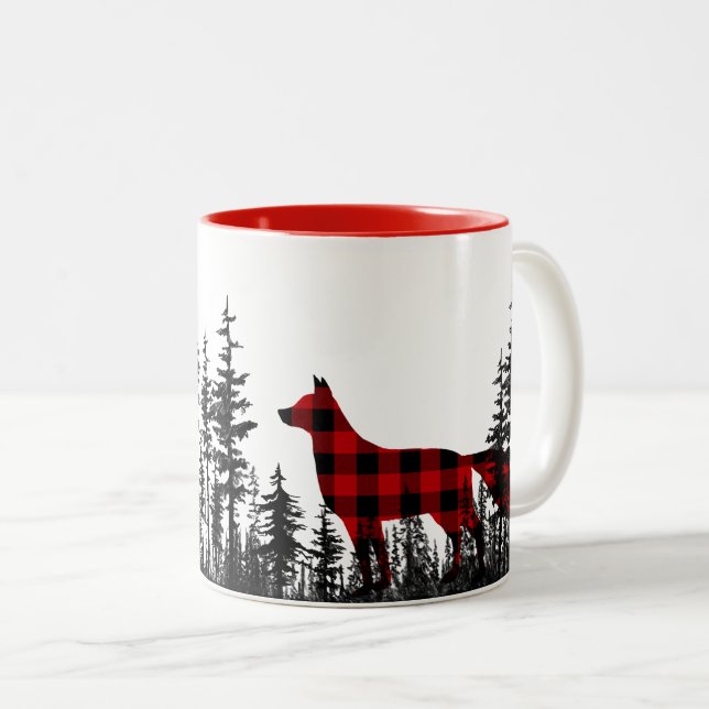 Woodland Pine Forest Buffalo Plaid Red Fox Two-Tone Coffee Mug (Front Right)