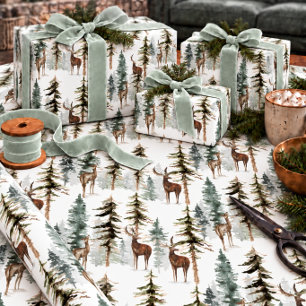 Woodland Pine Forest Reindeers Stag & Doe Deer Wrapping Paper