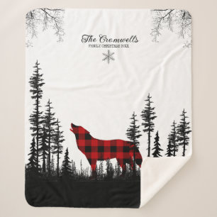 Woodland Pine Forest Wolf Family Christmas Name Sherpa Blanket