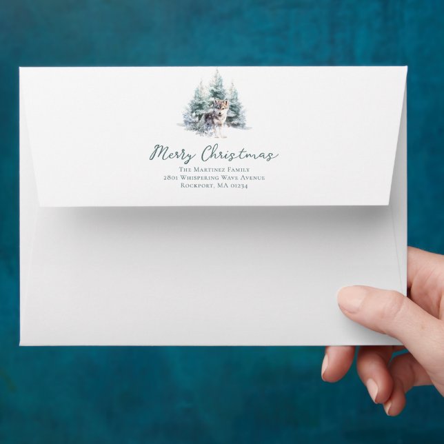 Woodland Pine Forest Wolf Merry Christmas Envelope (Hand)